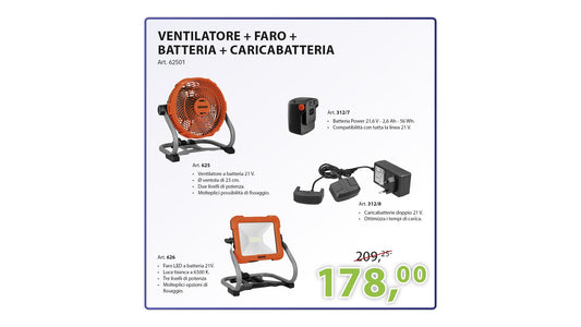 KIT FARO + VENTILATORE + BATTERIA + CARICABATTERIE