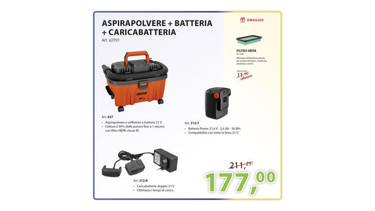 KIT ASPIRAPOLVERE + FILTRO + BATTERIA + CARICABATTERIA