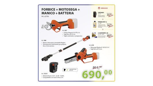 KIT FORBICE + MOTOSEGA + MANICO + BATTERIA