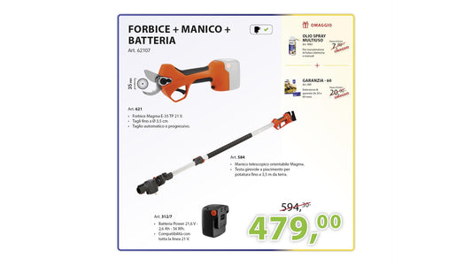 KIT FORBICE + MANICO TELESCOPICO + BATTERIA